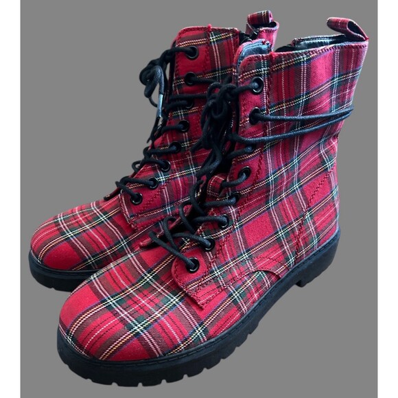 Kohl's Red Plaid Combat Boots Size 8 NEW WITHOUT TAGS - Picture 2 of 9